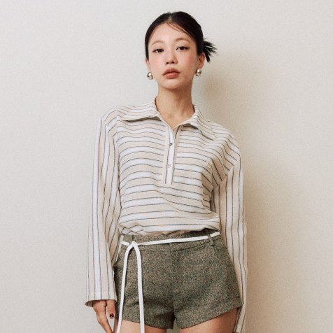 Bercy Shirt - เสื้อแขนยาวลายทาง ดีเทลกระดุมเงิน SS ทรง oversize