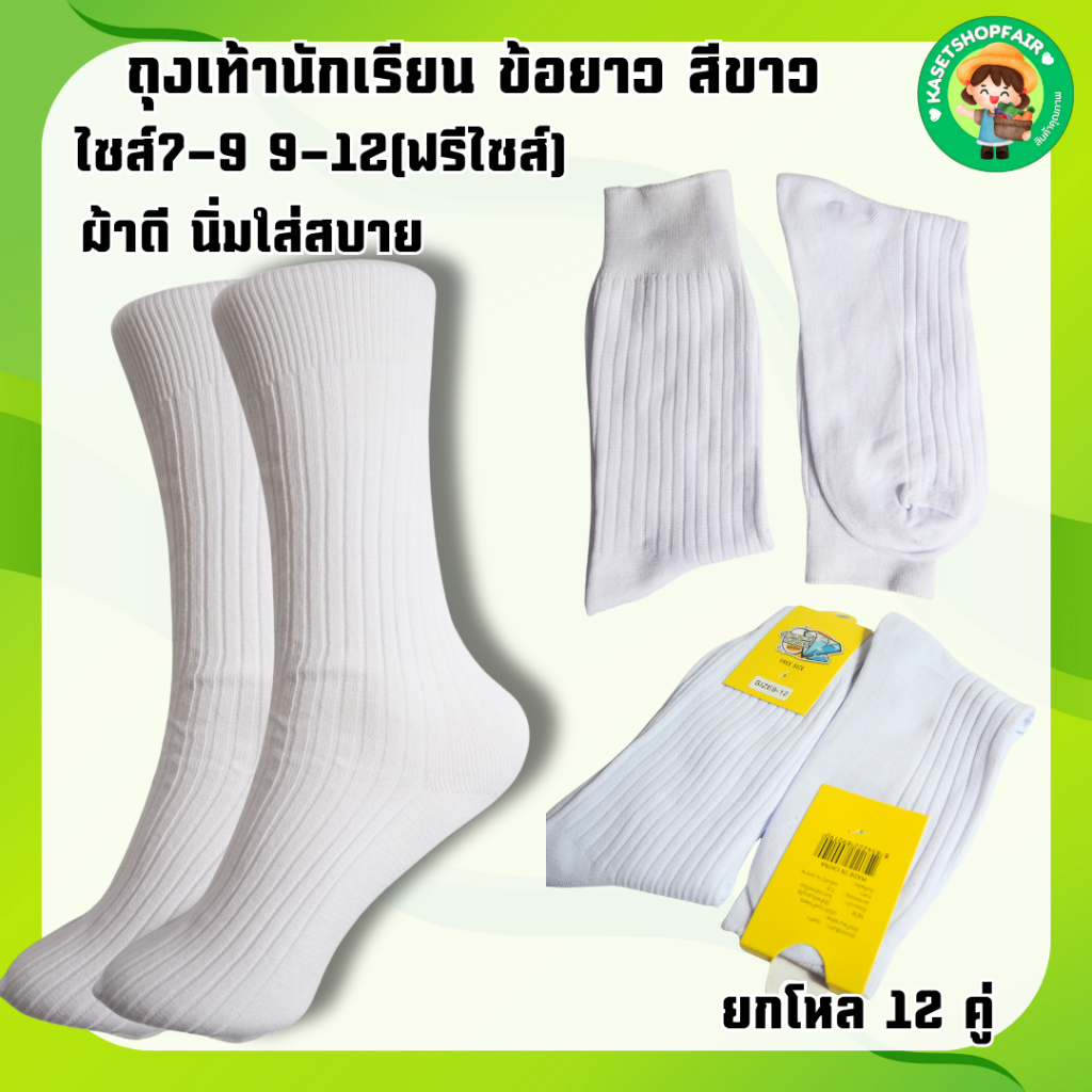 (แพ็ค12คู่)ถุงเท้านักเรียน ข้อยาว สีขาว ผ้าไนลอน สำหรับนักเรียน ยืดหยุ่น ขนาด7-9 /9-1(Freesize) มาใหม่ ป้ายเพชร พร้อมส่ง