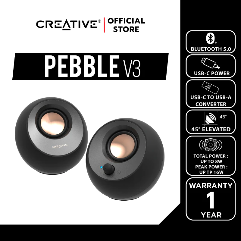 CREATIVE SPEAKER Pebble V3 (Black-สีดำ) ลำโพงสไตล์มินิมอล รองรับ USB-C / บลูทูธ