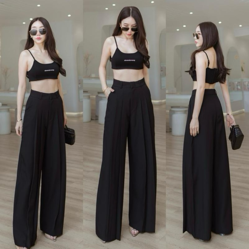 Jackie pants กางเกงทรงขากระบอกใหญ่เอวสูงตีเกล็ดจับจีบด้านหน้า ยาว 43 นิ้ว