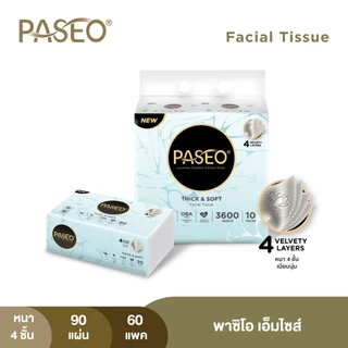 (ยกลัง 6 แพ็ค) PASEO พาซิโอ เอ็มไซส์ กระดาษเช็ดหน้า ขนาดกลาง หนา 4 ชั้น 90 แผ่น แพ็ค 10​ ห่อ (ทิชชู่ กระดาษทิชชู่) x 6