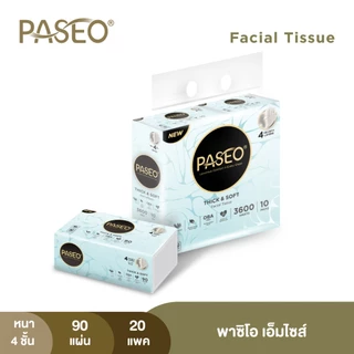 (2 แพ็ค 20 ห่อ) PASEO พาซิโอ เอ็มไซส์ กระดาษเช็ดหน้า ขนาดกลาง หนา 4 ชั้น 90 แผ่น แพ็ค 10​ ห่อ (ทิชชู่ กระดาษทิชชู่) x 2