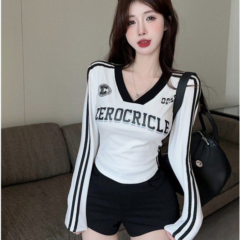พร้อมส่งในไทย ** เสื้อแขนยาวเข้ารูปผ้ายืดตามตัว สกรีนลายด้านหน้า ผ้านิ่มใส่สบาย Y234 รูปที่ 8