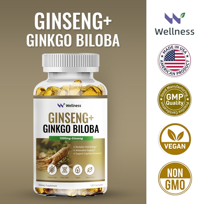 Wellness Ginseng + Ginkgo Biloba Capsules สําหรับสุขภาพสมอง ฟังก์ชันสมองที่มีสุขภาพดี ความชัดเจนและความสนใจ 120pcs