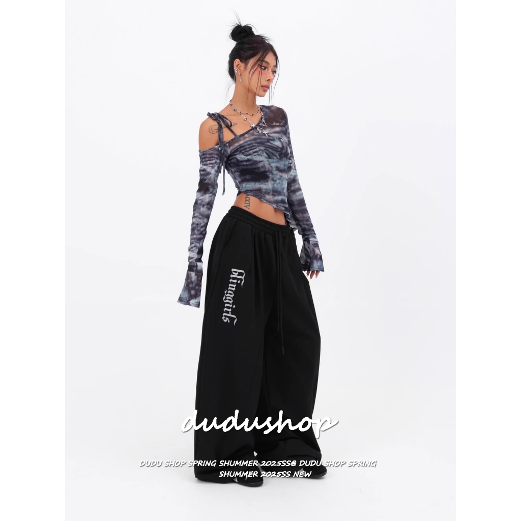 [Summer quick-drying fabric jazz dance wide-leg pants]กางเกงฮิปฮอปสีดำฤดูร้อนปี 2025 กางเกงขากว้างพิมพ์ลายเลเซอร์