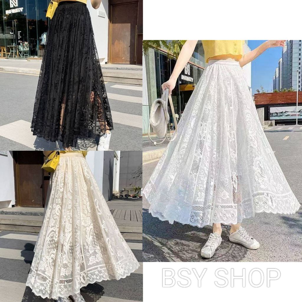 กระโปรงลูกไม้ยาว แต่งลูกไม้ทั้งตัว Unicorny เอวยางยืดสวมใส่สบาย งานสวยมาก