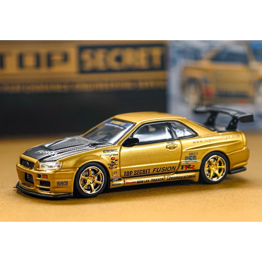 🔹NISSAN SKYLINE TOP SECRET R34 GT-R Gold scale 1:64 ยี่ห้อ Inno 64