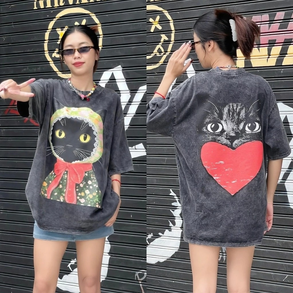 COD✅ (จัดส่งในกรุงเทพฯ) เสื้อยืดพลัสไซส์ "แมวดอกไม้" เสื้อเชิ้ตแขนสั้นเสื้อยืดคอกลมผ้าฝ้าย 100% เสื้อเชิ้ตแขนสั้นหลวม