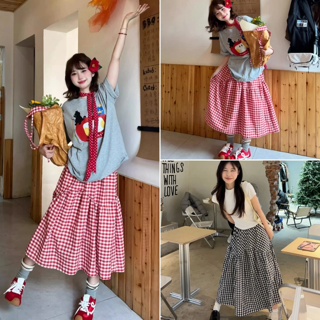 cherryshop พร้อมส่ง กระโปรงยาวปานกลางเอวสูงลายตารางสีแดงสไตล์เกาหลีสุดหวานสำหรับผู้หญิงในฤดูร้อน สไตล์เอไลน์ ลำลองหลวมๆ
