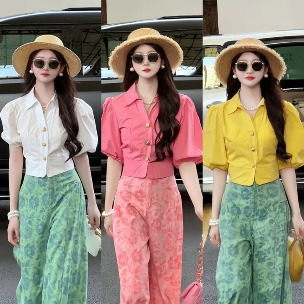 🌵Grace_chili🌵 เสื้อคอวีแขนพอง เสื้อเชิ้ตผู้หญิง ทรงสั้น Retro style เหมาะกับใส่เที่ยวพักผ่อน  W626