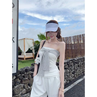 STR พร้อมส่ง🫐☔️เสื้อเกาะอกผู้หญิง ดีไซน์เชื่อกผูกหน้าอก สีพื้น แขนกุด เสื้อครอปทรงรัดรูป เซ็กซี่แฟชั่นY2K สไตล์อเมริกัน