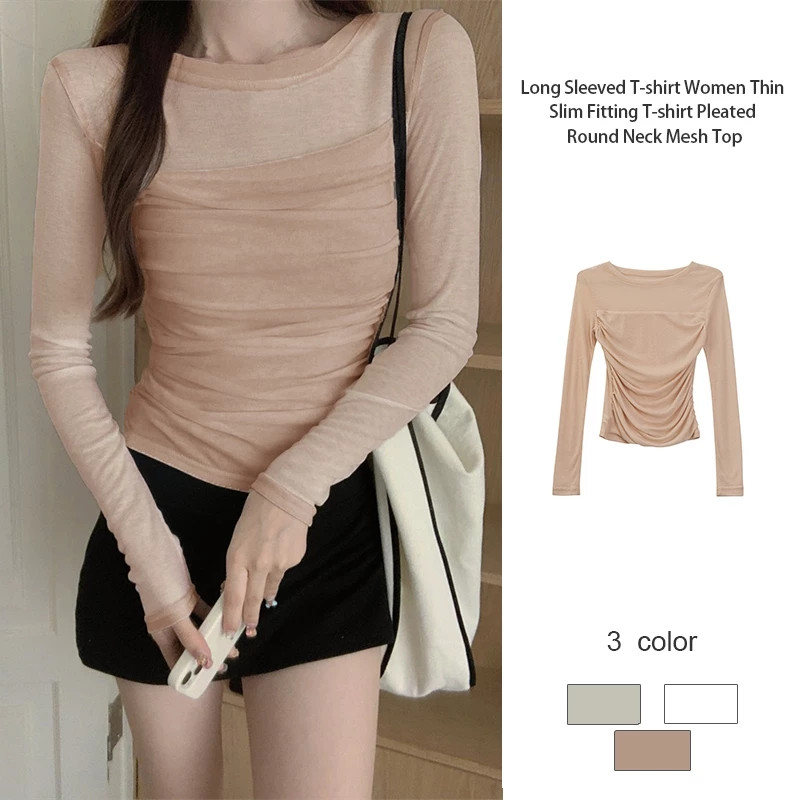 เสื้อยืดแขนยาวผ้ากอซ เสื้อตัวสั้นดีไซน์ Sense เสื้อจีบผู้หญิงทรงเข้ารูปพอดีตัว-MTY