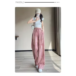 Blossom Closet🥟กางเกงขากว้างมัดย้อม 4 สี กางเกงลำลองผู้หญิง ผ้าไหมน้ำแข็ง เอวสูง ทรงหลวม