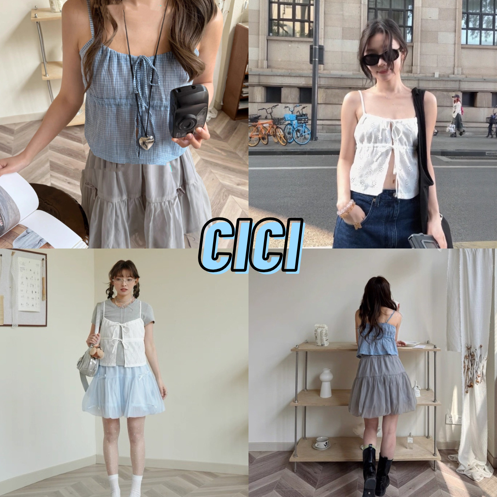 ส่งทันที Cici(NO. Y6329) เสื้อสายเดี่ยวผูกหน้า เชือกรูดได้ สายปรับได้ สไตล์สาวคาเฟ่มินิมอล