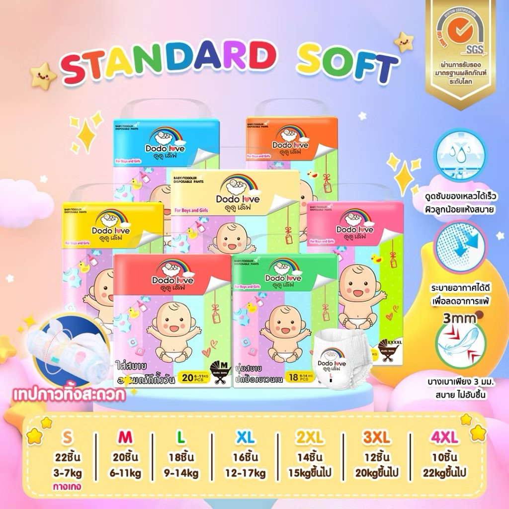 ❤️Love Sale❤️ พกพาแพ็คเดี่ยว ครบไซส์ กางเกงผ้าอ้อมสำเร็จรูป DODOLOVE Standard Soft ผ้าอ้อมเด็ก แบบกางเกง