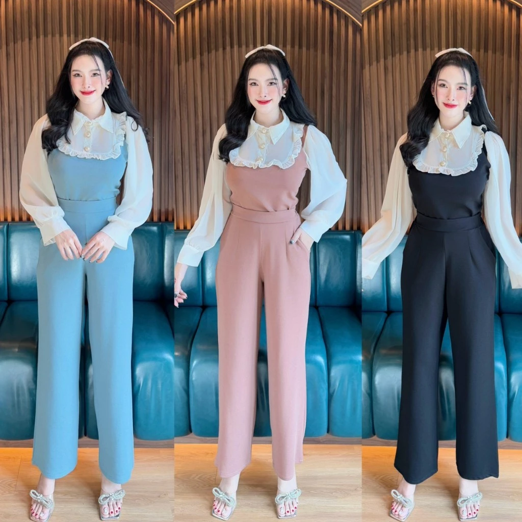 สินค้าพร้อมส่ง ชุดเซตยาวผ้าวูลเวฟ เสื้อแขนยาวแต่งซีฟอง คอปกแต่งระบายอกแต่งกระดุมมุก+กางเกงเอวเรียบสม็อคหลังมีกระเป๋า