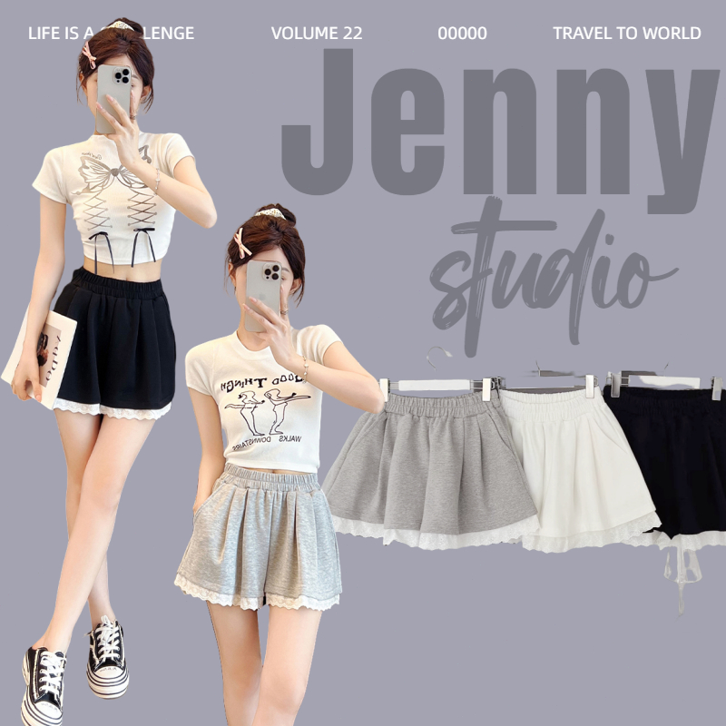 Jennyพร้อมส่ง🍒กางเกงขาสั้นผู้หญิง✨กางเกงเอวสูงทรงเอแต่งลูกไม้ มีกระเป๋าด้สวย ผ้าใส่สบาย กระชับสัดส่วน ลำลอง สไตล์เกาหลี