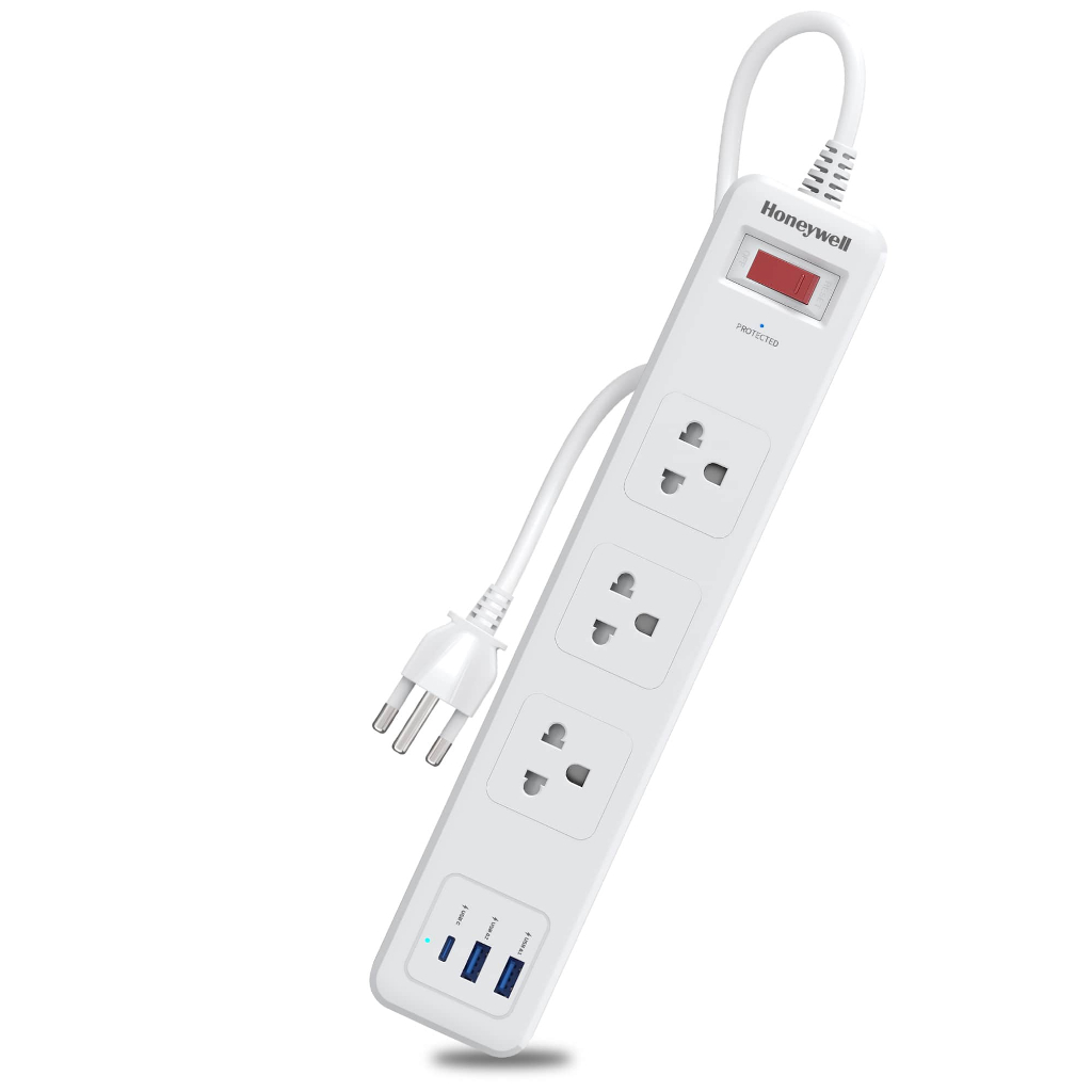 ปลั๊กไฟ HONEYWELL 3 OUTLET 1 SWITCH 1 USB-C 2 USB-A 1.8 METER 2500 WATT HC000038