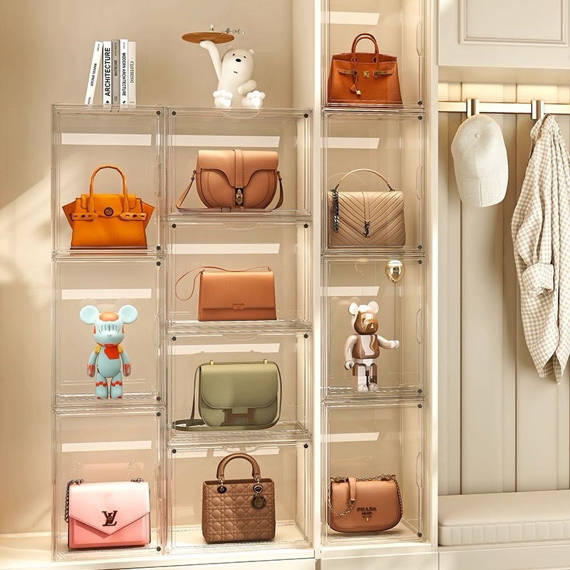 กล่องโชว์กระเป๋า กล่องเก็บของที่เก็บกระเป๋า ตู้โชว์โปร่งใสหรูหรา ชั้นวางของ กันฝุ่น ตู้เก็บของวางซ้อนกันได้ ตู้เก็บของ