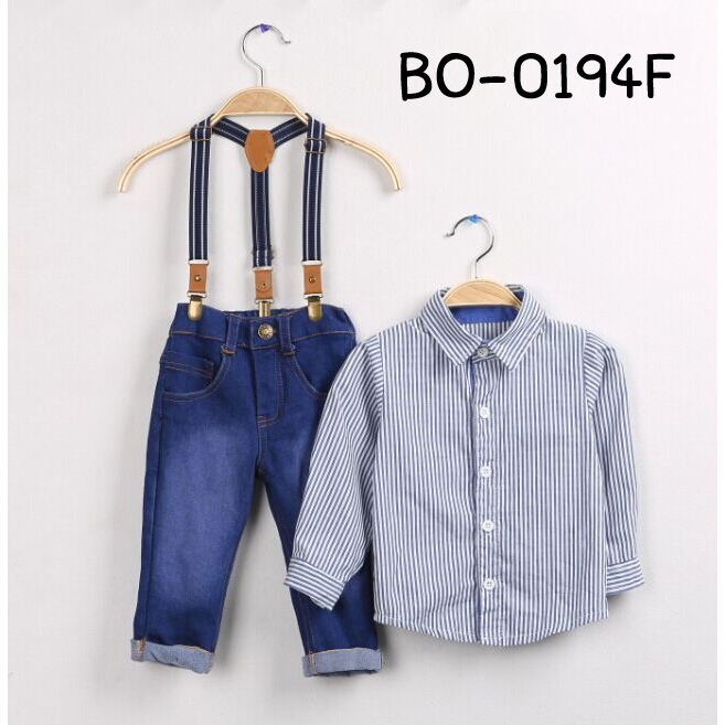 (3ชิ้น) เสื้อเชิ๊ตแขนยาวคอปกลายทาง+กางเกงยีนส์+สายเอี๊ยม S.90 BO0194F