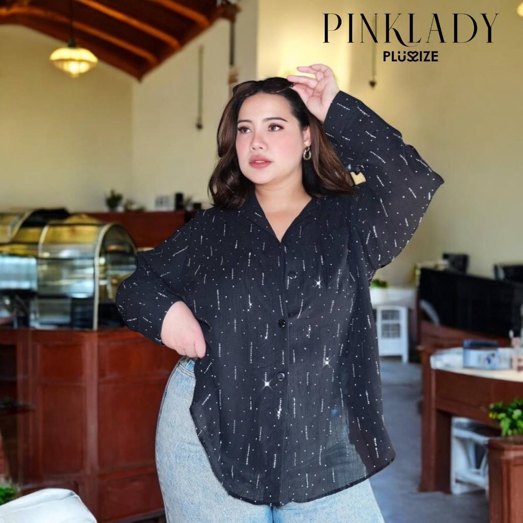เสื้อเชิ้ตแขนยาว เนื้อผ้าซีทรู รีดเพชร สีดำ 4 ไซส์ (กรุณาอ่านไซส์ในรายละเอียดก่อนสั่งซื้อ)