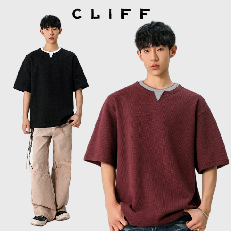 CLIFF แขนสั้นผู้ชายฤดูร้อน ผ้าวาฟเฟิลด์ การออกแบบสองชิ้นปลอม หลวมใส่สบาย เสื้อยืดสีล้วน