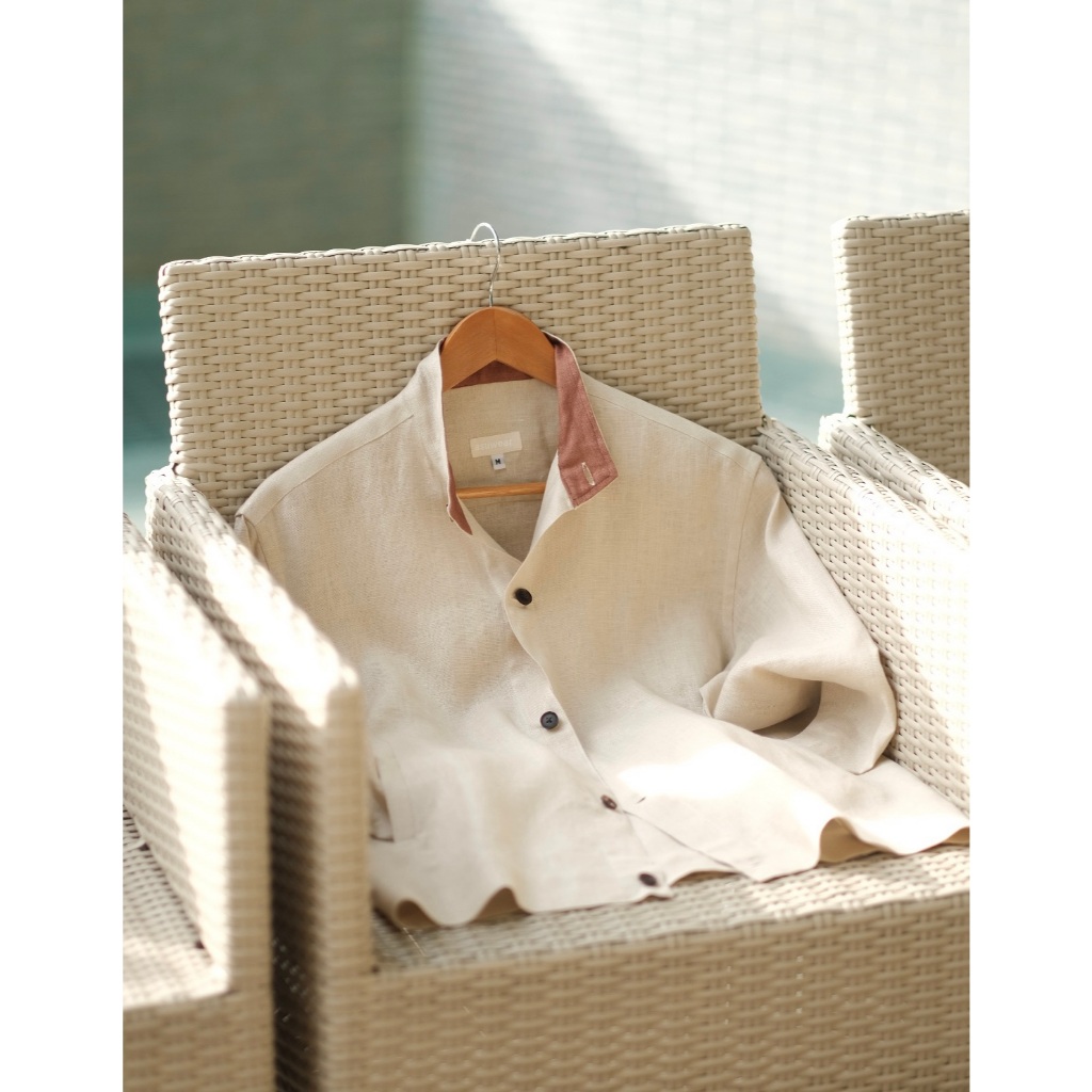 cream linen band collar bomber jacket แจ็คเก็ตบอมเบอร์ผ้าลินินสีครีมคอเต่า