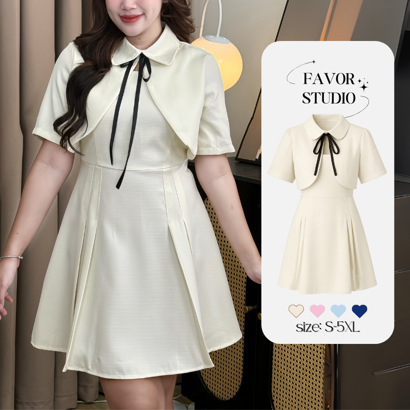 【S-5XL】 ชุดเดรสหวานละมุนสไตล์นักเรียนเกาหลี ผูกโบว์น่ารัก ทรงเอสวย งานดีใส่สบาย ดีไซน์สองชิ้นหลอก