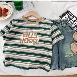 ชุดเด็กผู้ชาย เสื้อแขนสั้นลายทางตัวอักษร + กางเกงยีนขาสั้น สไตล์เกาหลี ฤดูร้อน 0-5ปี