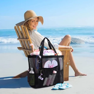 กระเป๋าชายหาดตาข่าย beach bag กระเป๋าถือ ทรงกลวงเก็บของเล่น-เสื้อผ้าเปียก กันน้ำ พับได้ พกพาง่าย ตั้งแคมป์ ว่ายน้ำ