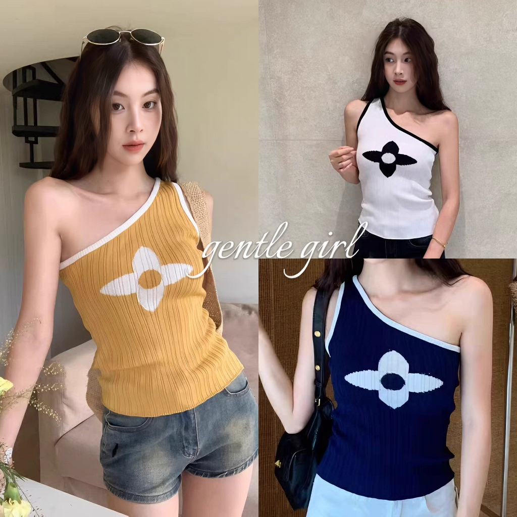 #GG🎀เสื้อกล้ามถักพิมพ์ลายบางเปิดไหล่สำหรับผู้หญิงในฤดูร้อน เสื้อกล้ามเปิดไหล่ไม่มีแขน สาวร้อนแรง สลิมฟิต