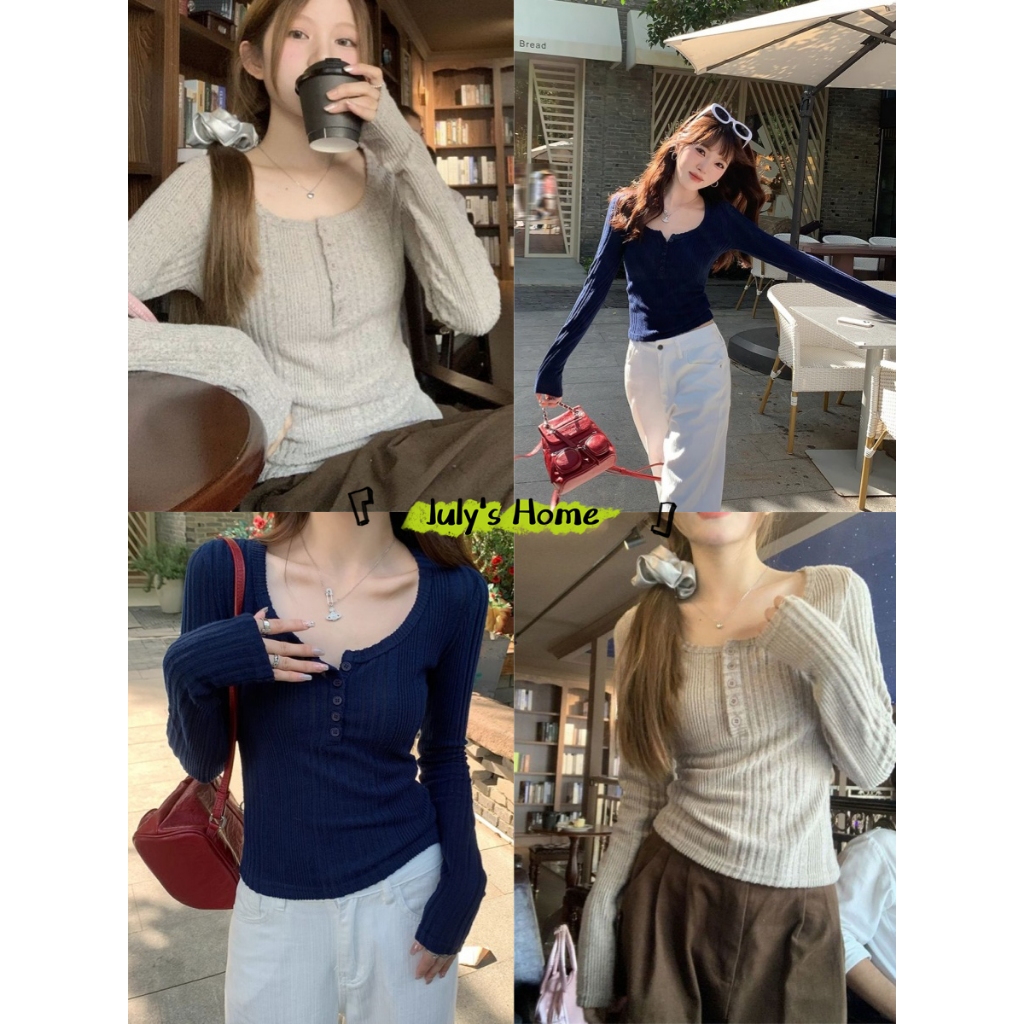 เสื้อยืด เสื้อผ้าถัก ทรงเข้ารูป กระดุมเเกะได้ สไตล์ออลแมทช์#J2346