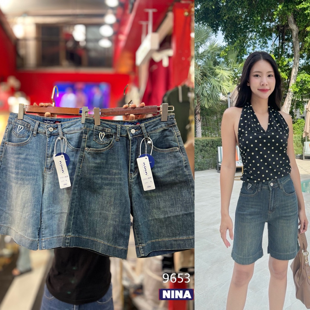 🌈𝑵𝒊𝒏𝒂.𝒋𝒆𝒂𝒏𝒔#9653 กางเกงยีนส์ผ้ายืดขาสามส่วน ผ้ายืดเยอะ ใส่สบายเอวสูงงานดี ผ้านุ่มเด้ง