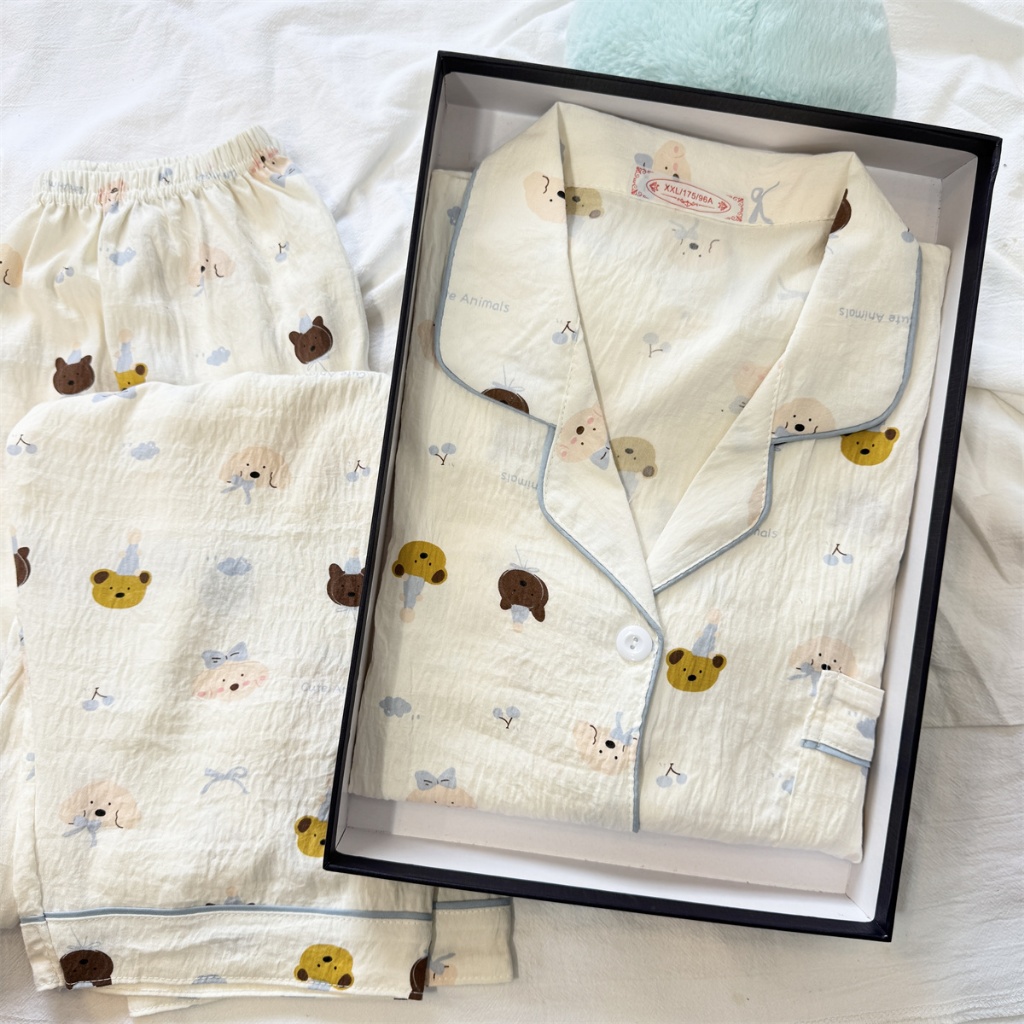 พร้อมส่งจากไทย ชุดนอนผ้าไหมญี่ปุ่น แขนสั้น กางเกงขายาว อก42นิ้ว ขนาดฟรีไซส์ผ้าบางเบาใส่สบายลายน่ารัก