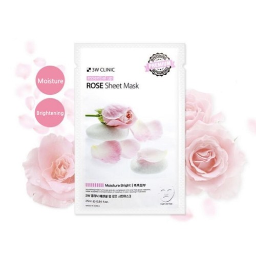 🇰🇷3W Clinic Essential Up Rose Sheet Mask : แผ่นมาร์คสารสกัด 100% ดอกกุหลาบธรรมชาติ ผิวชุ่มชื้นกระจ่า
