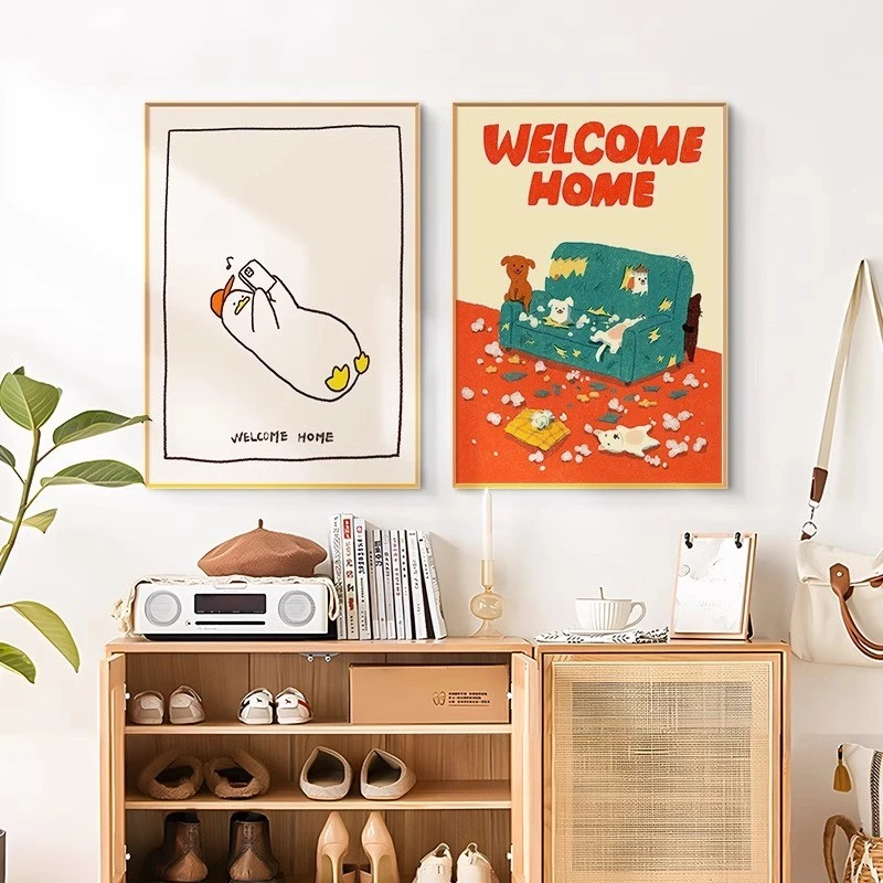 (พร้อมส่งจากไทย ภาพรวมกรอบ)รูปการ์ตูนเป็ด Retro ตลก Warm Niche Art Home สําหรับตกแต่งห้อง