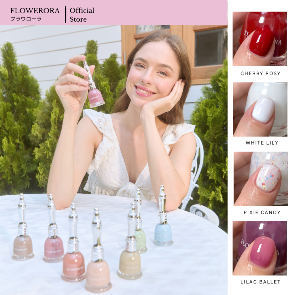 FLOWERORA สีทาเล็บสุขภาพดี สูตรเบสน้ำไม่ต้องอบ ไม่มีกลิ่นฉุน ทาในห้องแอร์ได้