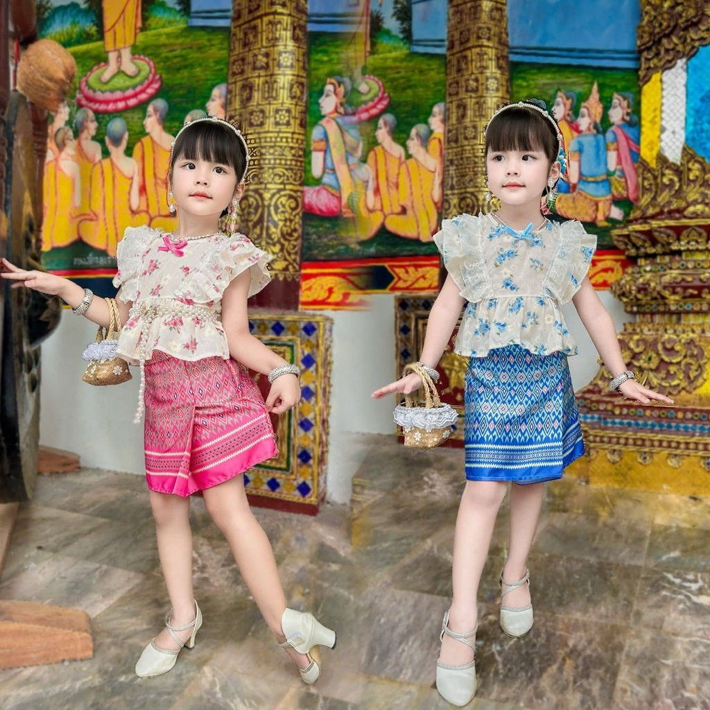 ชุดไทยลูกสาว กระโปรง+เสื้อปักฉลูลายดอกกุหลาย ดีเทลน่ารักสุดๆ🌸ใส่ทำบุญเหมาะกับทุกโอกาส