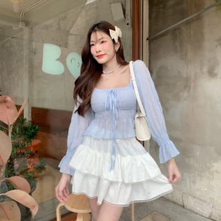 Kathy top : เสื้อครอปแขนยาว จั้มเอวจั้มแขน ใส่ขึ้นไหล่ปาดไหล่ได้ เนื้อผ้าบางมีเทคเจอร์ KN.Clothes