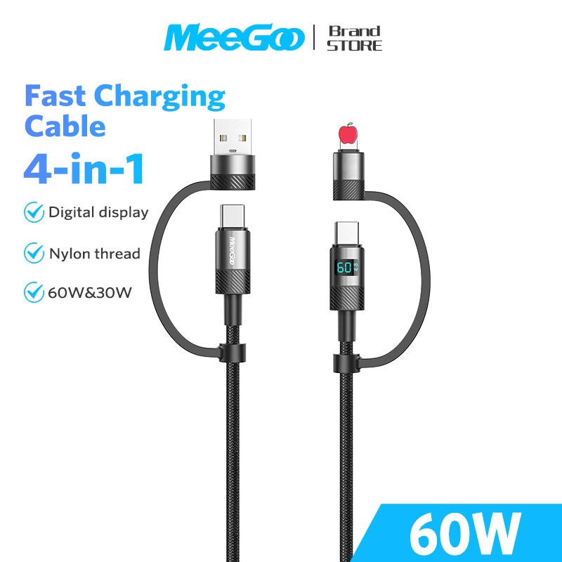 MEEGOO 30W 60W สายชาร์จเร็ว 4 in 1 สายเคเบิลข้อมูล ชาร์จไว จอแสดงผลดิจิตอล สําหรับโทรศัพท์มือถือ