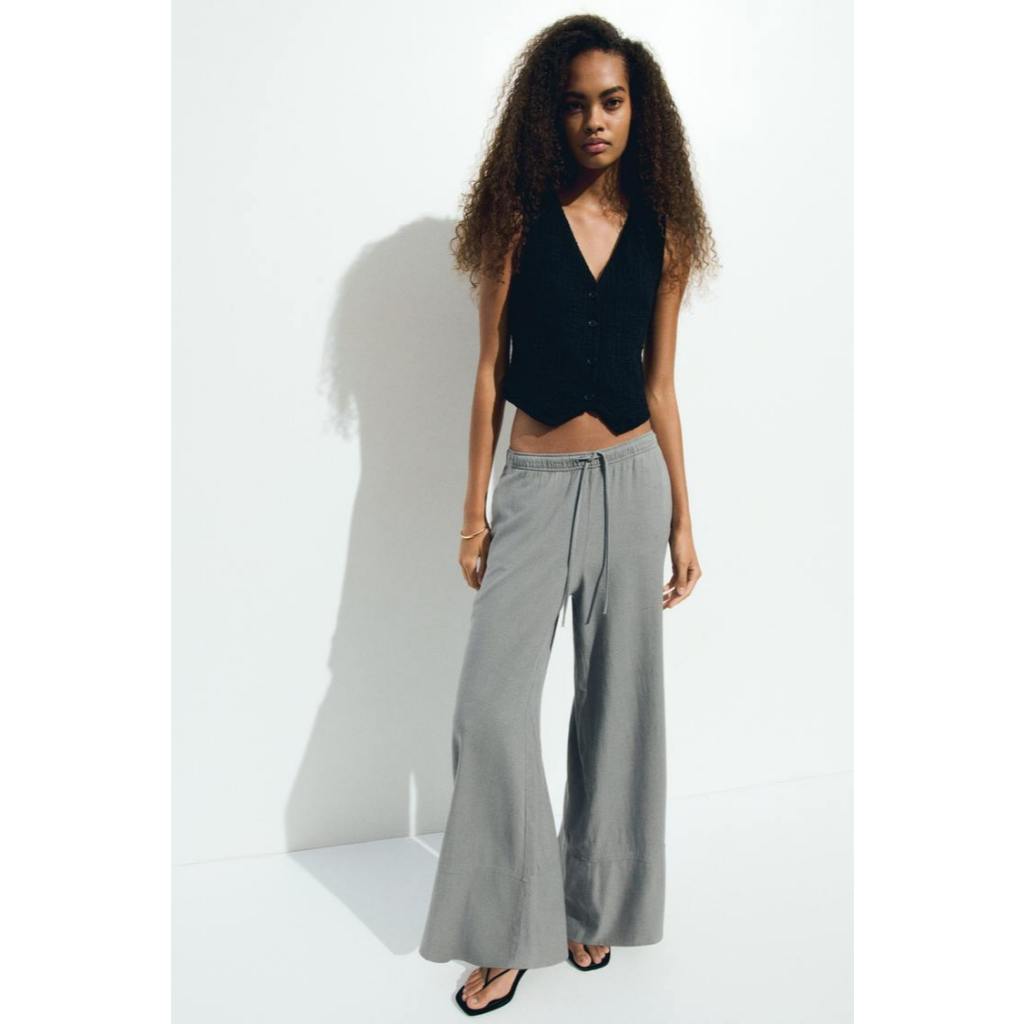 H&M(เอชแอนด์เอ็ม) กางเกงขายาวผ้าลินินผสมมีเชือกรูดเอว Women Linen-blend drawstring trousers 1289607_2