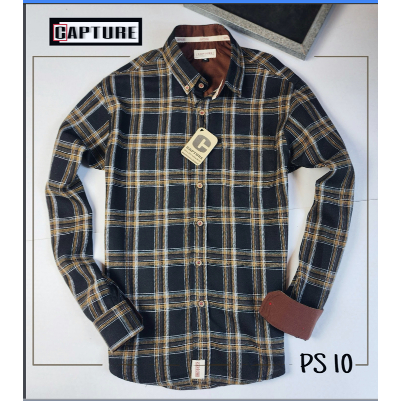 เสื้อเชิ้ตแขนยาว คอปก ผ้า Cotton ฟอกนุ่ม ลายสก็อตน้ำตาล-ตาราง