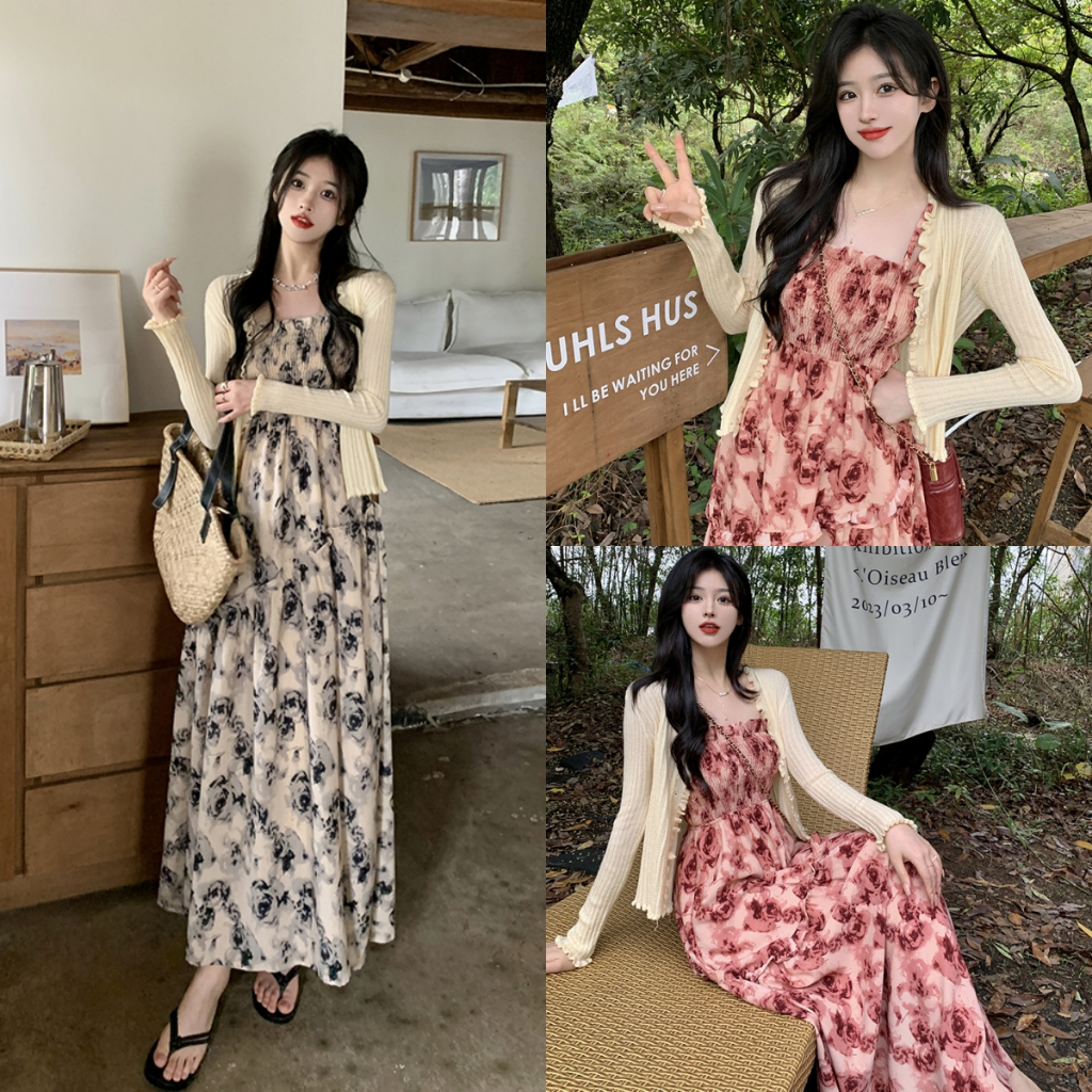 ชุดเดรสสายเดี่ยวลายดอกไม้สไตล์ฝรั่งเศส เดรสยาวเปิดไหล่ เอวเข้ารูป ลุคไฮเอนด์ เหมาะกับการถ่ายรูป