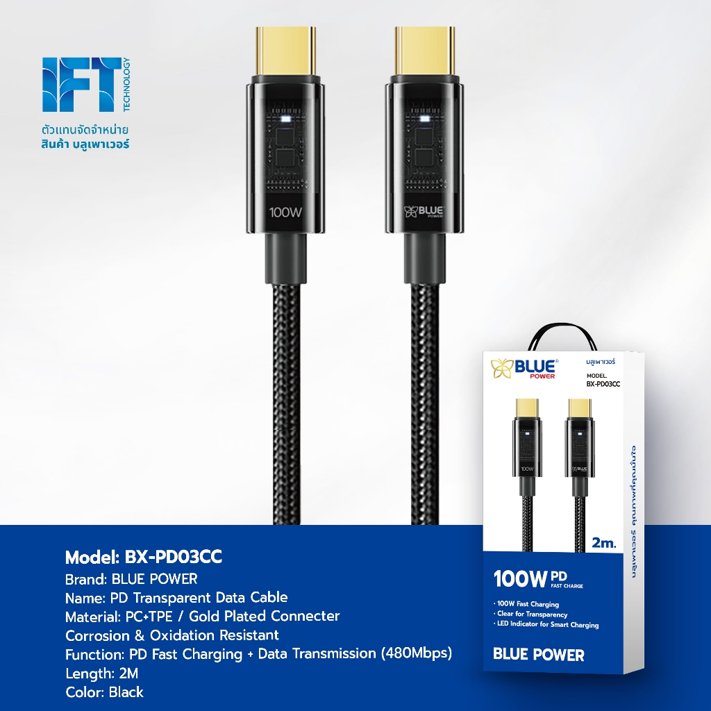 Blue Power สายชาร์จ Type-C LED หัวทอง 2เมตร (C to C) รองรับ 100W