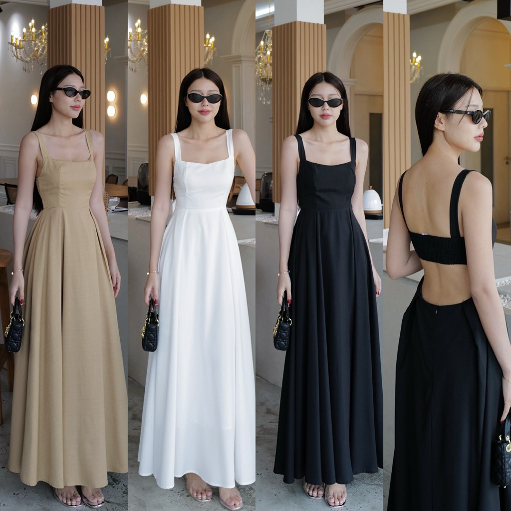 เดรสสายเดี่ยวยาว เว้าหลัง ทรงสวยมากกๆ หน้าอกสวย กระโปรงมีจับจีบนิดๆ ให้ผ้าเยอะใส่แล้วดูแพงสุดๆ