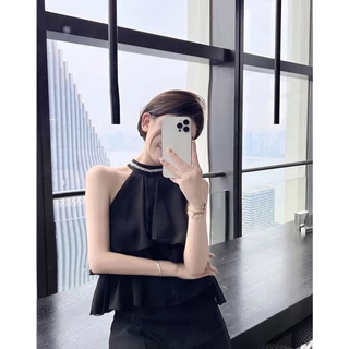 [Sheing office]🌟พร้อมส่ง🌟เสื้อกั๊กผ้าชีฟองคอฮอลเตอร์ประดับเพชรแขนกุดแบบเปิดไหล่สำหรับผู้หญิง