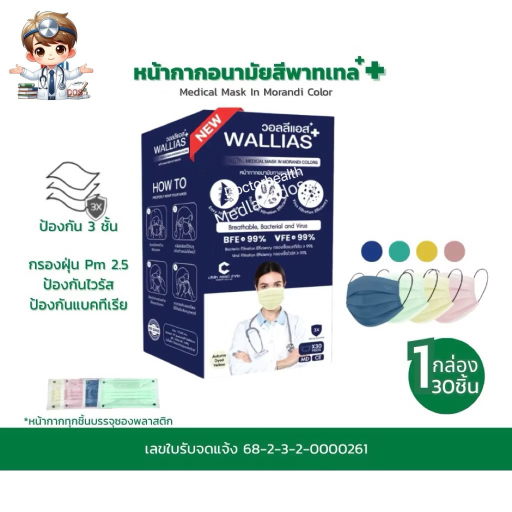 Wallias Premium หน้ากากอนามัยทางการเเพทย์ Medical Mask In Morandi Color  หนา 3 ชั้น กรองฝุ่น ไวรัส