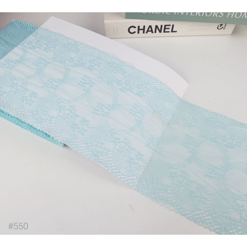 (ลายใหม่) ชุด2 ลูกไม้ผ้าไนล่อน  สีฟ้า💙 หน้าผ้ากว้าง 6นิ้ว-9นิ้ว (✂️ตัดขายเป็นหลา) #208 550 570 611 1140 1991 3011