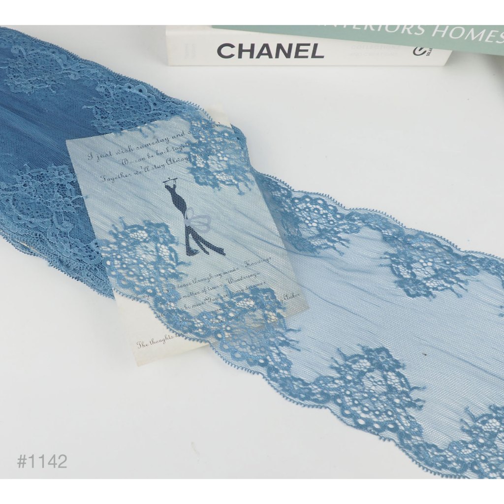 (ลายใหม่) ชุด5 ลูกไม้ผ้าไนล่อน  สีฟ้า💙 หน้าผ้ากว้าง 6นิ้ว-9นิ้ว (✂️ตัดขายเป็นหลา) #169 676 1134 1142 3127 3129