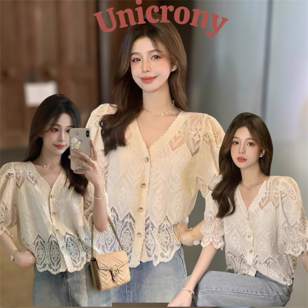 Unicronyเสื้อลูกไม้ แต่งกระดุม  สวยมากมีสองสี ใส่ออกงานใส่ไปทำบุญใส่ไปเที่ยวได้เลยค่ะ งานน่ารัก